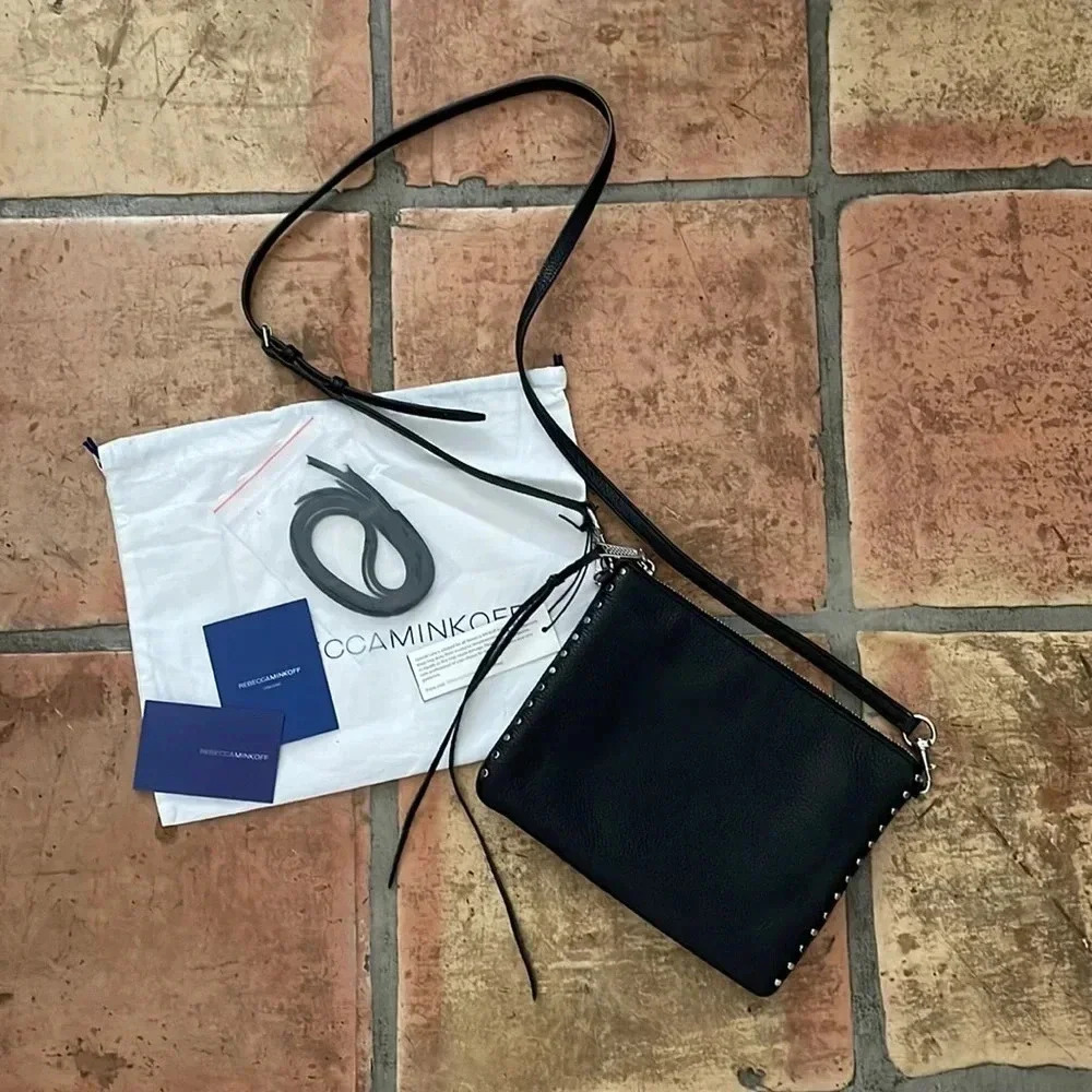 NEW ✨ Rebecca Minkoff Black Leather Bag w Silver Hardware and Studs Adj Strap